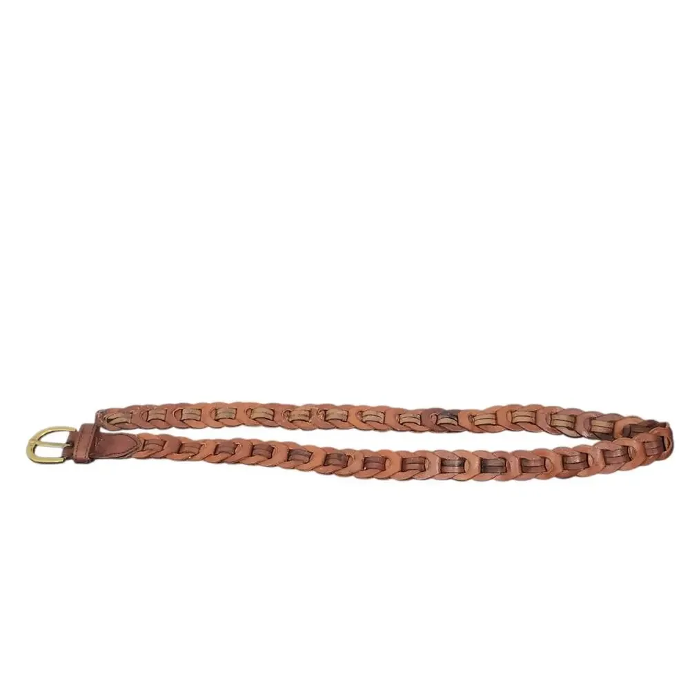Amiee Lynn Brown Leather Woven Belt Women's Lg Brass Classic Minimalist 38